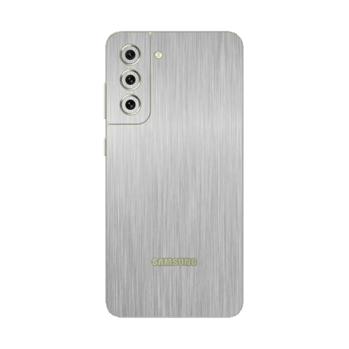 iSkinz Folie Samsung Galaxy S21 FE 5G telefonhoz – szálcsiszolt ezüst 360 vágás, teljes testet fedő, tapadó bőr, hát- és oldalvédő tok