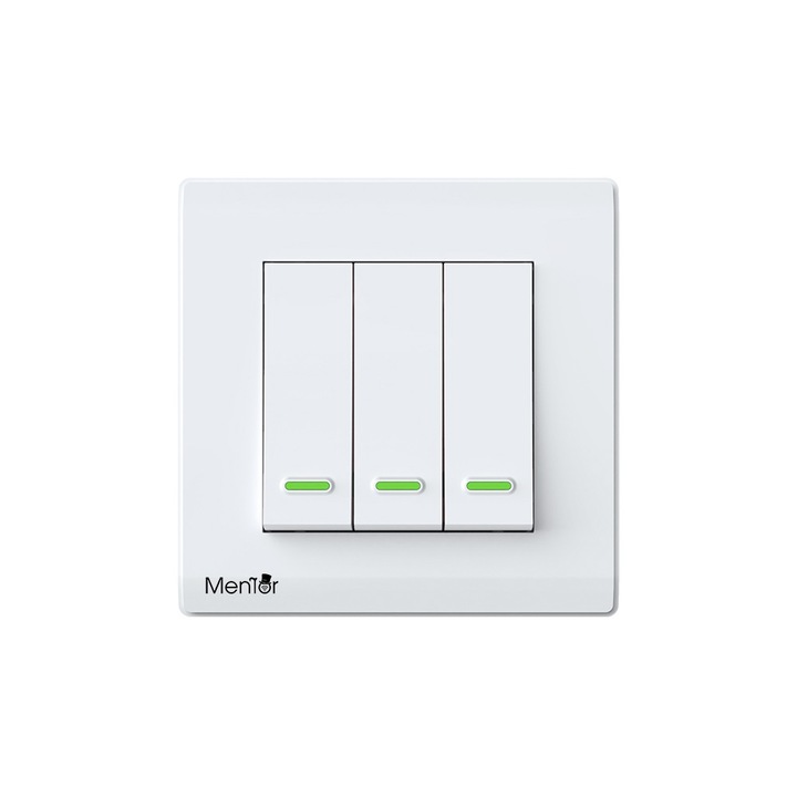 Intrerupator inteligent wireless Mentor ES032 WiFi, 10A, 1800W, triplu, alb, din policarbonat ignifug, compatibil IOS si Android