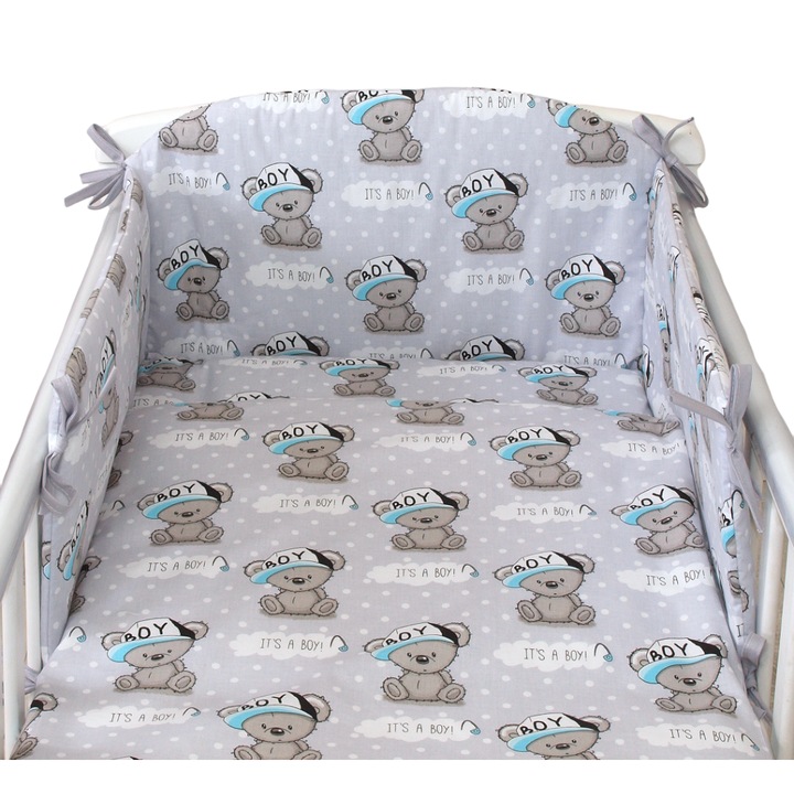 Set lenjerie din bumbac cu protectie laterala pentru pat bebe 120 x 60 cm, It's a boy!, Amy