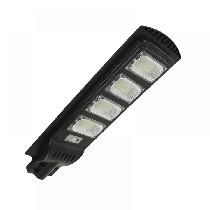 Lampa solara stradala 120W, 200 Led-uri SMD, panou solar incorporat, acumulator, senzor de miscare si lumina, telecomanda cu functii multiple, brat de montare inclus