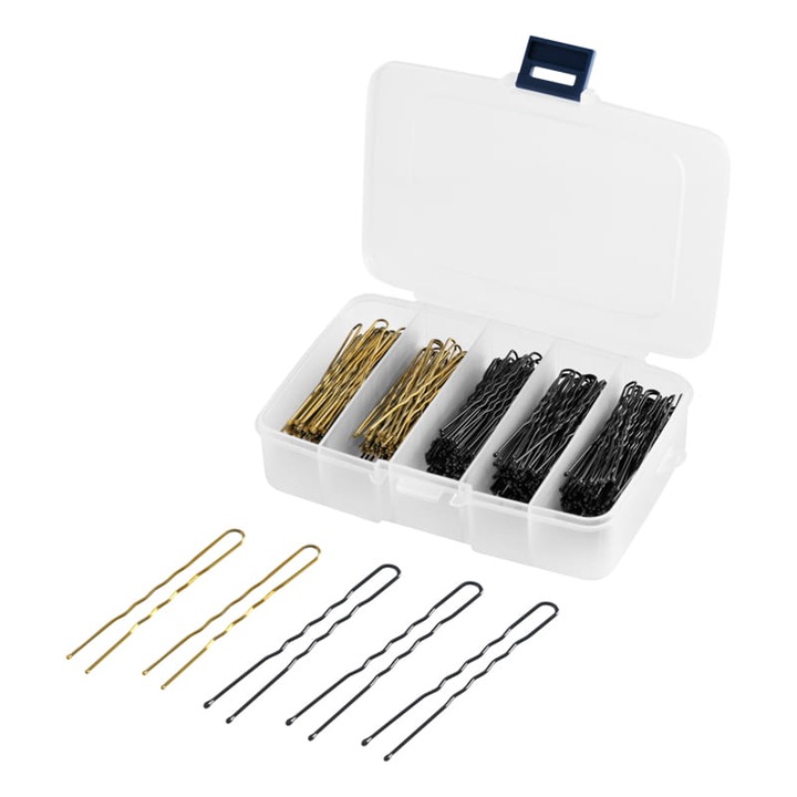 Set 200 agrafe de par Activeshop, E-56, Metal, Negru/Auriu