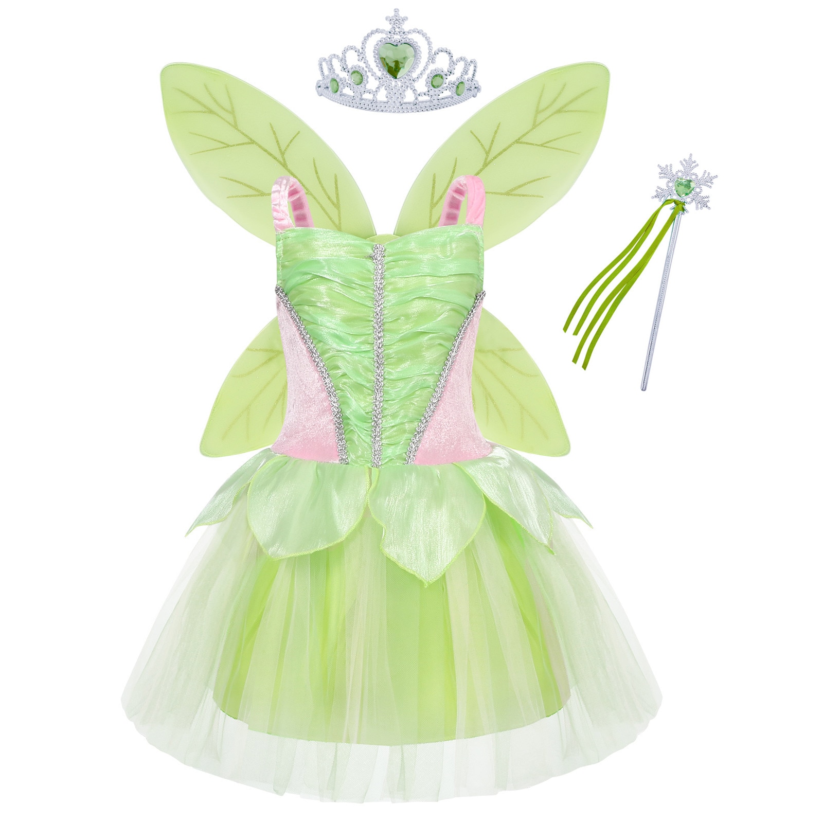 virtual Identity dress up Costum de printesa Tinkerbell, cu aripi de fluture si accesorii, verde, 9  ani, 128-146cm - eMAG.ro