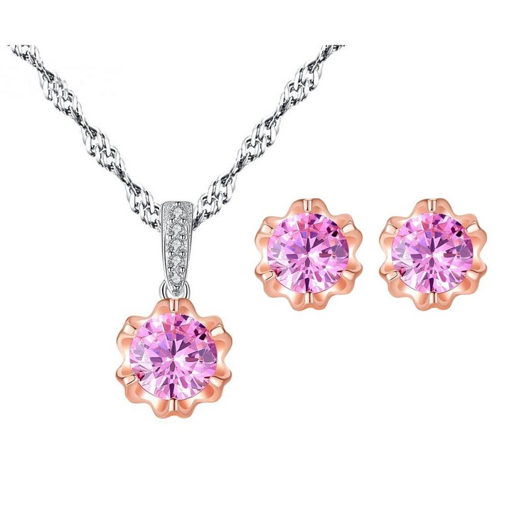 Set din Argint, Colier si Cercei, cristale Zirconiu, placat cu Aur, Dahlia Rose