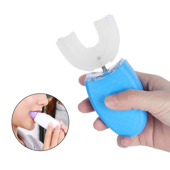 Periuta de dinti electrica, XIUWOO, ABS/Silicon, Forma U, Ultrasunete, IPX7, Incarcare USB, 1500mAh, Albastru