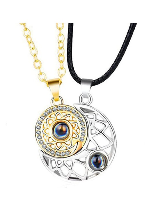 Set 2 lantisoare proiectie in 100 de limbi "Te iubesc", MorFansi, cu pandantiv in forma de luna cu magnet pentru cuplu, prieteni, aur/argintiu