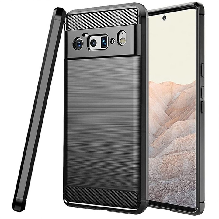 Husa de Silicon pentru Google Pixel 6 Pro, Fibra de Carbon, Negru