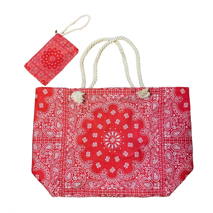 Strandtáska és pénztárca szett, virágmintás, fém cipzár, poliészter, piros, 55 x 37 x 15 cm