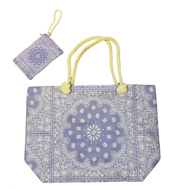 Strandtáska és pénztárca szett, virágmintás, fém cipzár, poliészter, lila, 55 x 37 x 15 cm