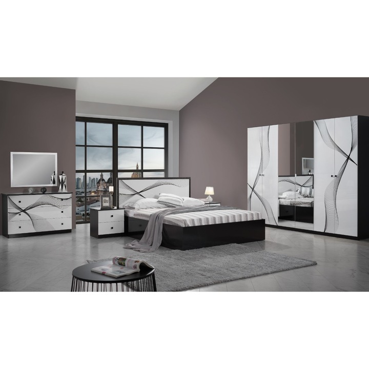 Dormitor Matrix CB Furniture, Alb/Negru lucios, Pat 160x200, Dulap, Comoda, 2 Noptiere