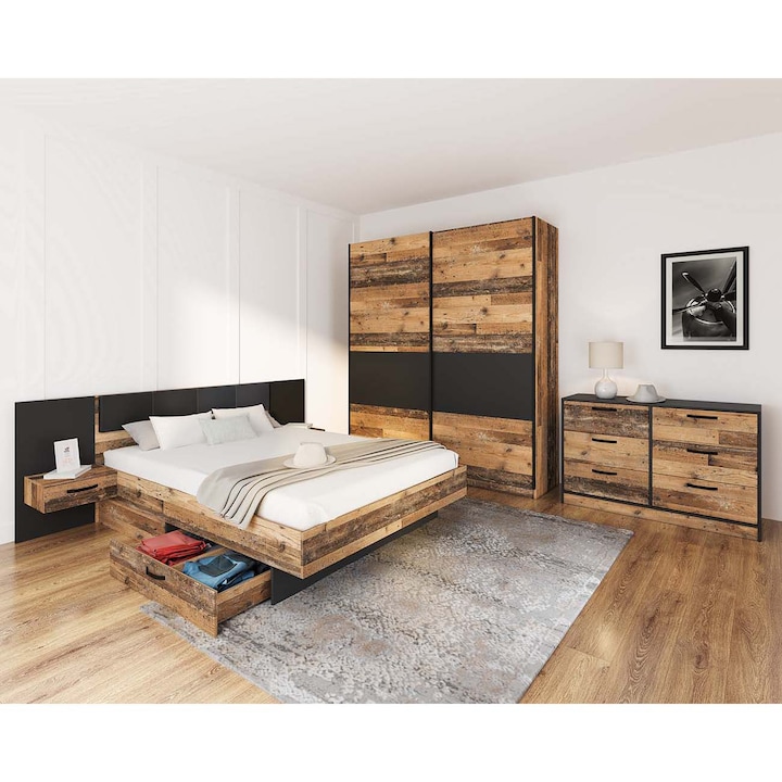 Dormitor Irim Rustico, Pat 160x200 cm cu sertar, Dulap usi glisante, Comoda, culoare Rustic