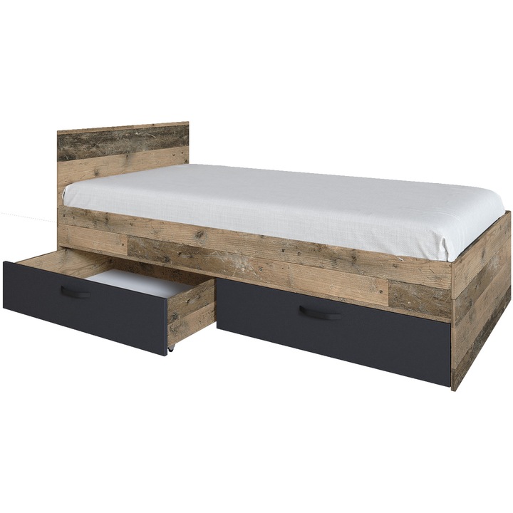 Irim Yoo ifjúsági ágy, 204x94,2x75 cm, forgácslap, 2 fiókos, Szürke beton/Rusztikus