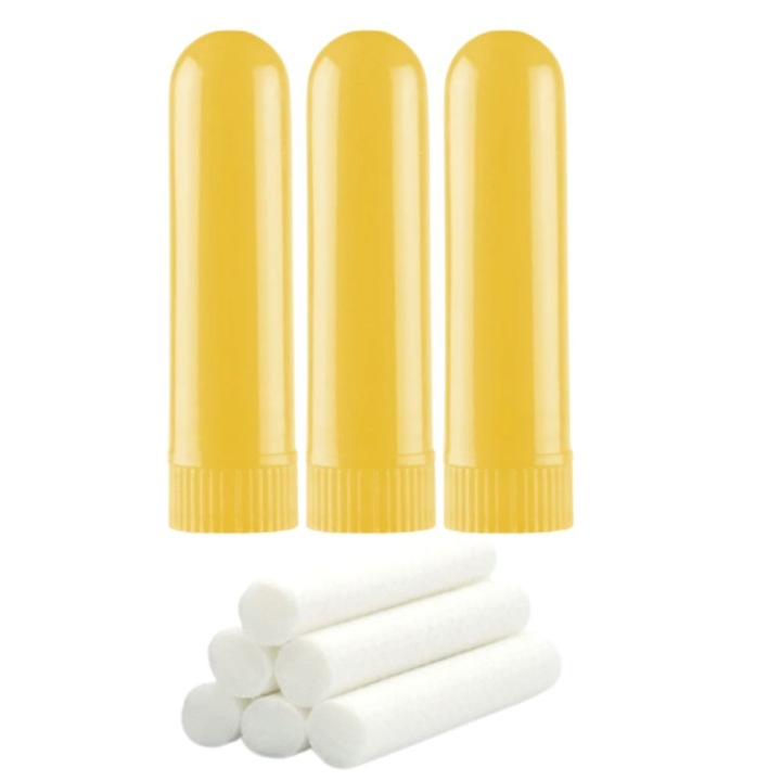 3 személyes orr inhalátor aromaterápiához illóolajokkal, 6 textil kanóccal, sárga