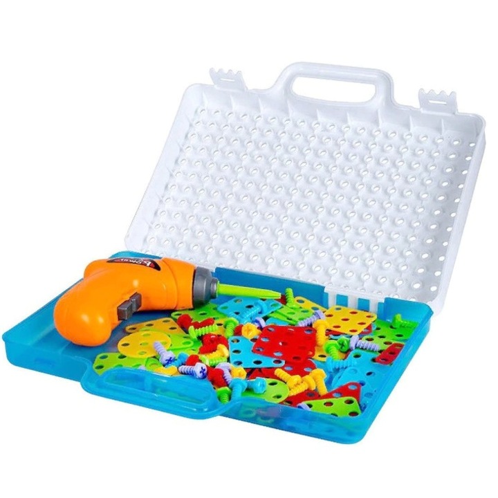 Joc educativ si creativ de constructie Montessori, puzzle mozaic, cu suruburi, saibe, surubelnita electrica, albastru, buz