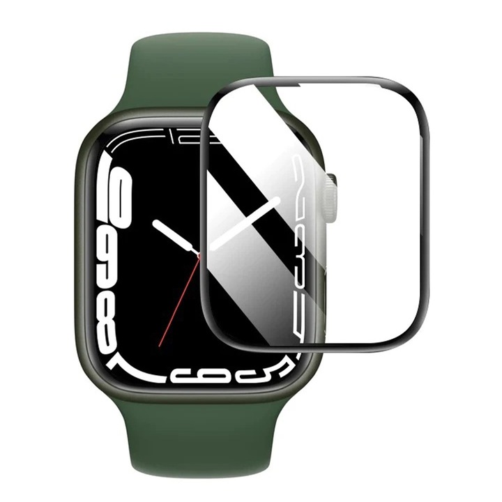 Folie de protectie pentru Apple Watch Seria 7 - 45 mm, Sticla Securizata Full HD, Instalare usoara, Ultra Protection, Negru