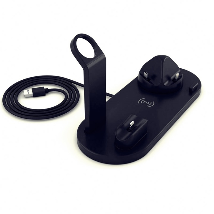 Incarcator wireless portabil universal 3 in 1 si adaptor CSC Fast Charger 10W, negru OMC