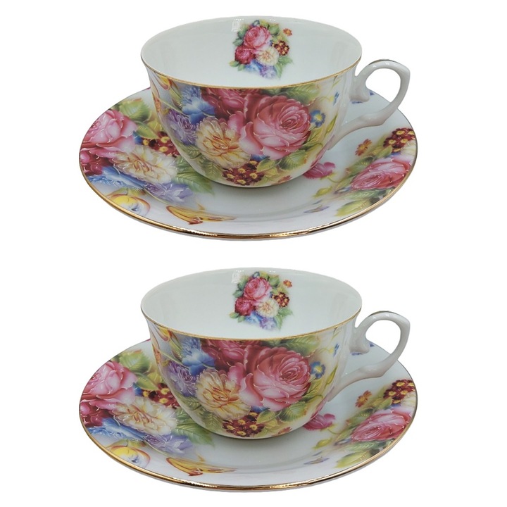 Set 2 cesti cu farfurii Genevieve 180ml, Portelan fin, Multicolor