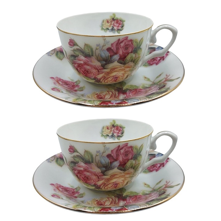 Set 2 cesti cu farfurii Valerie 180ml, Portelan fin, Multicolor