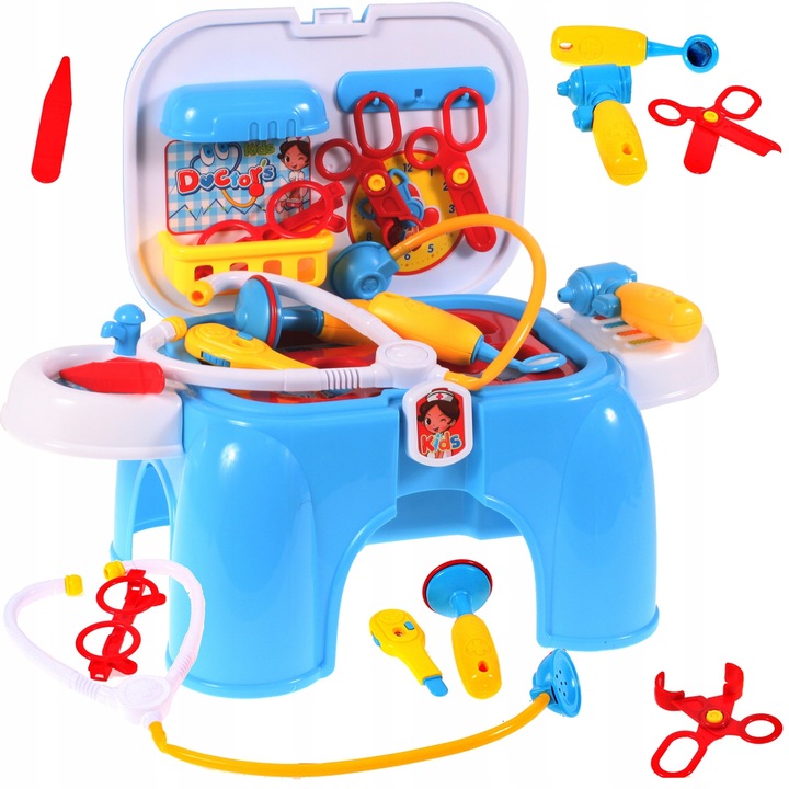 Set Scaunel 2 in 1 Interactiv Educational pentru Copii, Joc de Rol Micul Doctor, Multiple accesorii de Tratare al Pacientului, 46 x 38 x 27 cm, Turcuaz