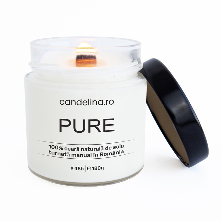 Ръчно изработена соева свещ с дървен фитил, Candelina, PURE - Без аромат, ръчна изработка, естествен восък, време на горене 45 часа, 180 гр