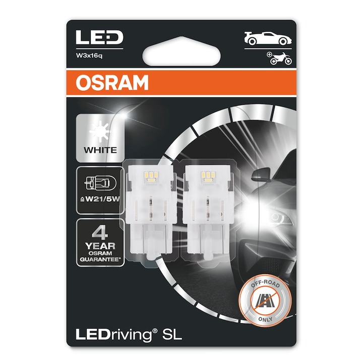 Set 2 becuri led auto pozitie/stop frana W21/5W Osram LEDriving SL, 2.7W, 12V, culoare alb