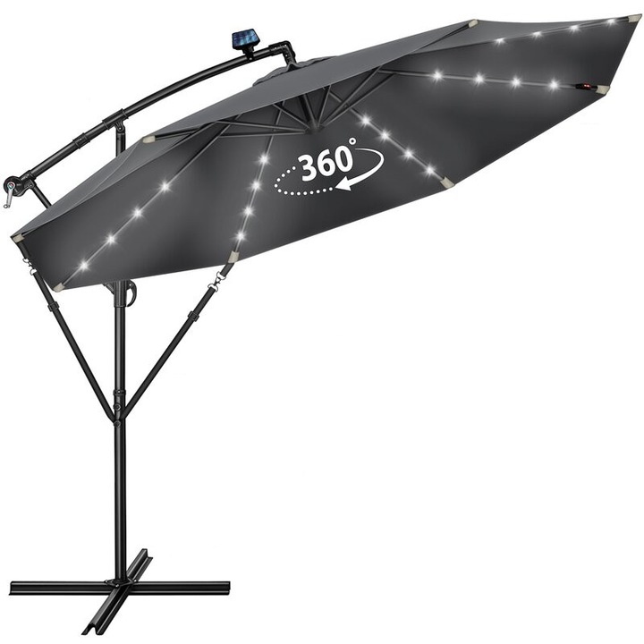 Umbrela terasa/gradina cu lumina LED, husa protectie, panou incarcare solara, protectie UV 50+, rotire la 360°, inclinatie reglabila, manivela, Ø 300 cm, antracit