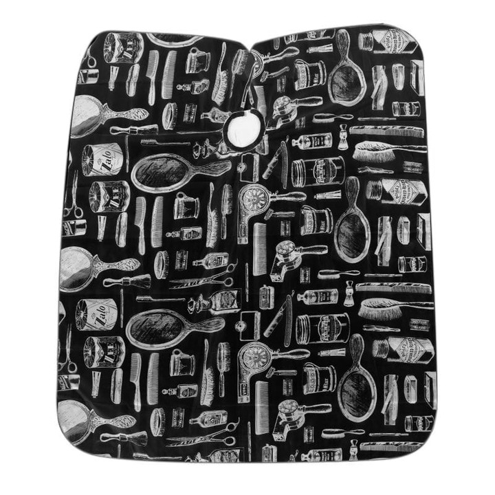 Pelerina cu imprimeu pentru coafor/frizerie Activeshop, J-05, Poliester, Negru