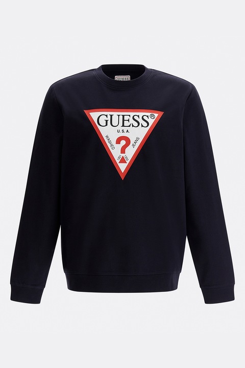 GUESS, Bluza sport cu imprimeu logo si decolteu la baza gatului, Bleumarin