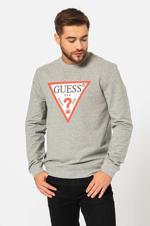 GUESS, Bluza sport cu imprimeu logo si decolteu la baza gatului, Gri melange