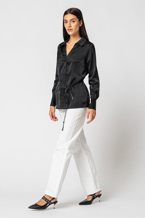 GUESS, Camasa de satin cu cordon in talie, Negru