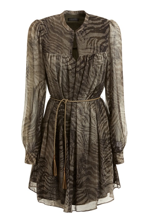 GUESS, Rochie cu imprimeu si cordon in talie, Verde padure, M