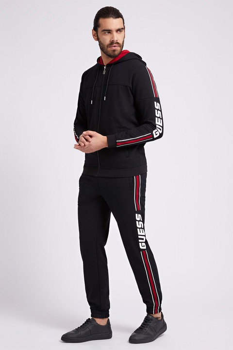 Guess, Hanorac cu fermoar si logo, pentru fitness, Rosu/Alb/Negru