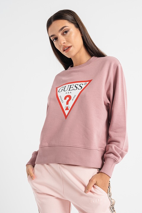 GUESS, Bluza de trening cu decolteu la baza gatului si logo, Roz prafuit