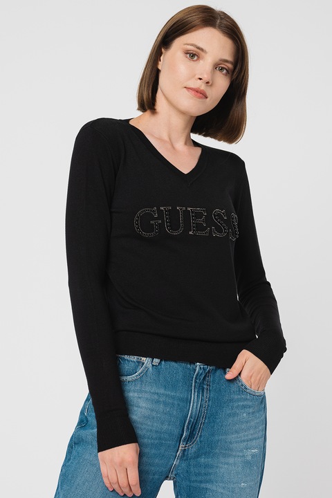 GUESS, V-nyakú pulóver strasszköves rátétekkel, Fekete, L