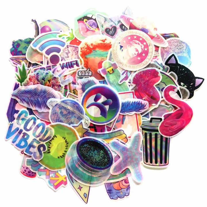 Set Stickere 70 bucati Waterproof Shinny, Reflexive, Transparente pentru skateboard, bicicleta, frigider, geamantan, moto