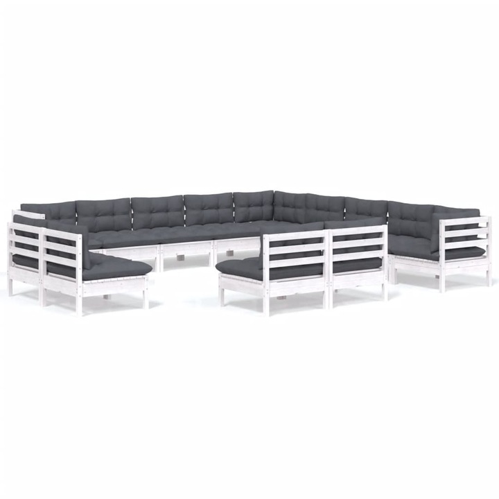 Set mobilier de gradina cu perne vidaXL, 13 piese, alb, lemn masiv pin, 3096888