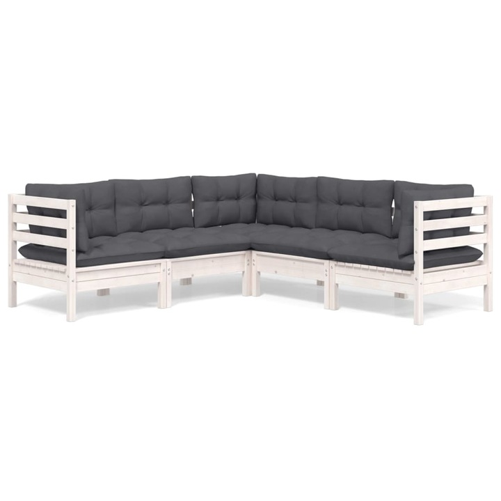 Set mobilier de gradina cu perne vidaXL, 5 piese, alb, lemn masiv pin, 66.9 kg