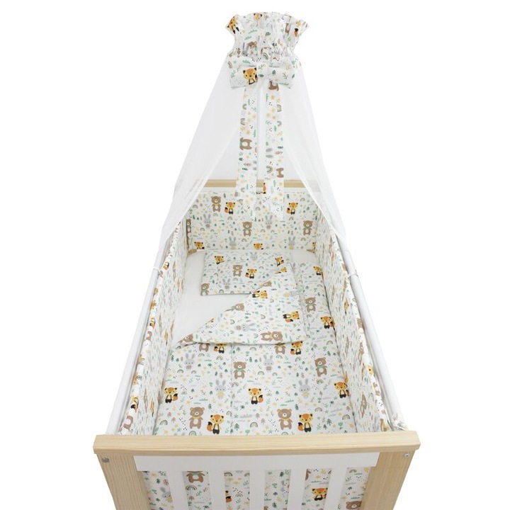 Lenjerie cu baldachin, 6 piese, Ursulet cu esarfa verde, multicolor, 120x60 cm