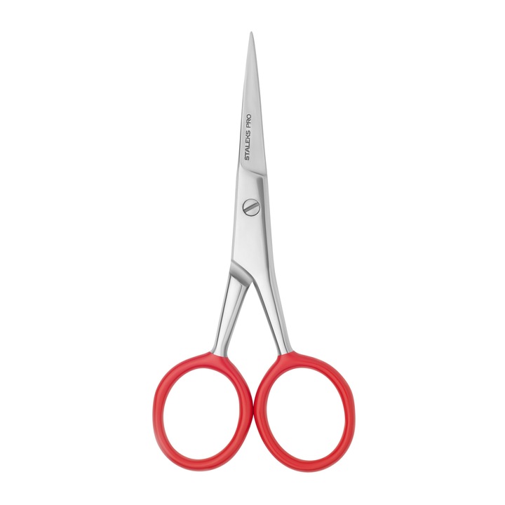 Forfecuta pentru stilizarea sprancenelor, Staleks, Otel, 102 mm, Lungime lama 32 mm, Argintiu/Rosu