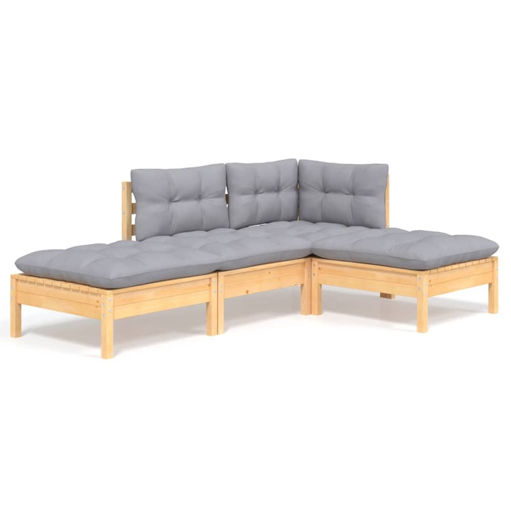 Set mobilier gradina cu perne gri vidaXL, 4 piese, lemn masiv de pin, 50.5 kg