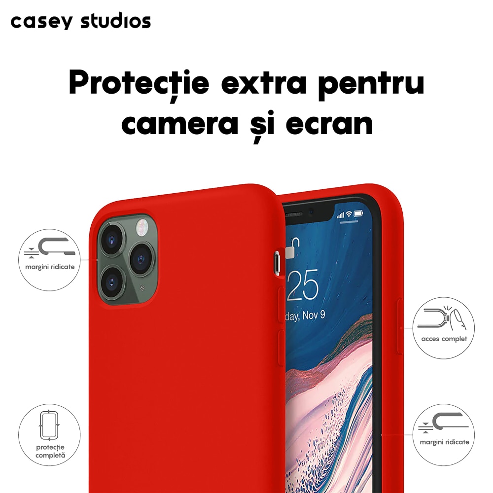 Husa CASEY STUDIOS™ pentru Apple iPhone 11 Pro, Soft Silicone Premium, Microfibra in Interior, Red, de Protectie, Ultra Slim, pentru Incarcare Wireless, Margini Ridicate pentru Protectia Ecranului si a Camerelor