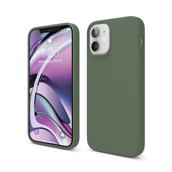 Husa CASEY STUDIOS™ compatibila cu iPhone 12 Mini, Soft Silicone Premium, Microfibra in Interior, Webster Green, de Protectie, Ultra Slim, pentru Incarcare Wireless, Margini Ridicate de Protectia Ecranului si a Camerelor