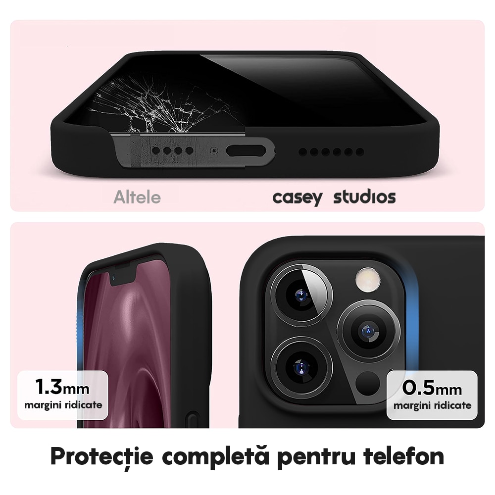 Husa CASEY STUDIOS™ compatibila cu iPhone 12 Mini, Soft Silicone Premium, Microfibra in Interior, Negru, de Protectie, Ultra Slim, pentru Incarcare Wireless, Margini Ridicate de Protectia Ecranului si a Camerelor