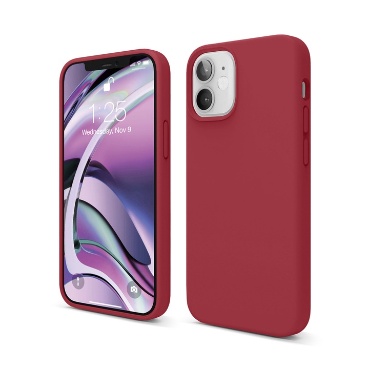 Husa CASEY STUDIOS™ compatibila cu iPhone 12 Mini, Soft Silicone Premium, Microfibra in Interior, Burgundy, de Protectie, Ultra Slim, pentru Incarcare Wireless, Margini Ridicate de Protectia Ecranului si a Camerelor