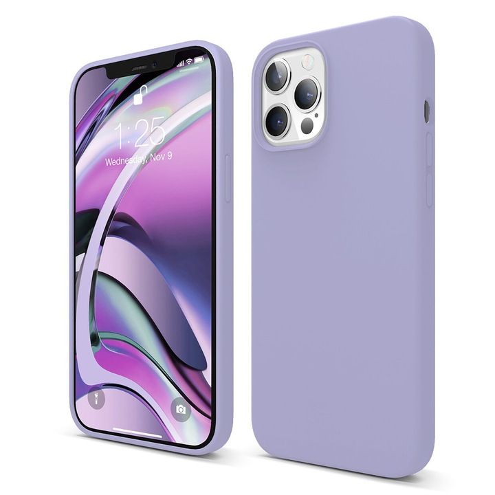 Husa CASEY STUDIOS™ pentru iPhone 12 / 12 Pro, Soft Silicone Premium, Microfibra in Interior, Ultra Slim, pentru Incarcare Wireless, Margini Ridicate pentru Protectia Ecranului si a Camerelor, Lila deschis