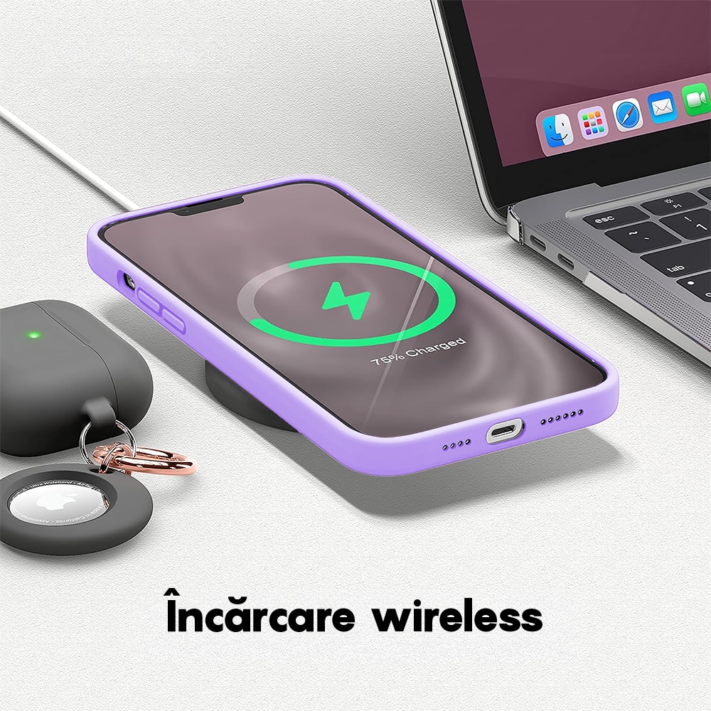 Husa CASEY STUDIOS™ compatibila cu iPhone 13 Pro Max, Soft Silicone Premium, Microfibra in Interior, Light Lilac, de Protectie, Ultra Slim, pentru Incarcare Wireless, Margini Ridicate de Protectia Ecranului si a Camerelor