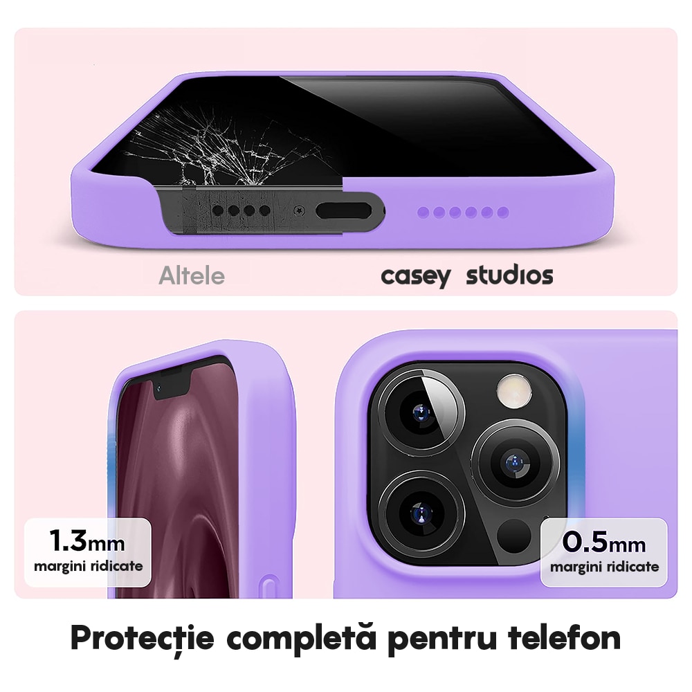 Husa CASEY STUDIOS™ compatibila cu iPhone 13 Pro Max, Soft Silicone Premium, Microfibra in Interior, Light Lilac, de Protectie, Ultra Slim, pentru Incarcare Wireless, Margini Ridicate de Protectia Ecranului si a Camerelor