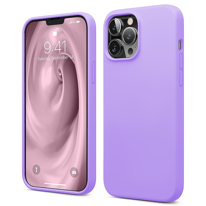 Husa CASEY STUDIOS™ compatibila cu iPhone 13 Pro Max, Soft Silicone Premium, Microfibra in Interior, Light Lilac, de Protectie, Ultra Slim, pentru Incarcare Wireless, Margini Ridicate de Protectia Ecranului si a Camerelor