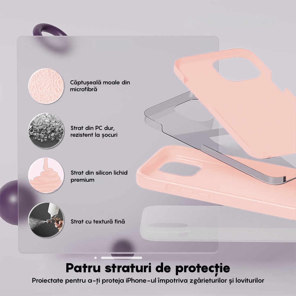 Husa CASEY STUDIOS™ compatibila cu iPhone 13, Soft Silicone Premium, Microfibra in Interior, Pink Sand, de Protectie, Ultra Slim, pentru Incarcare Wireless, Margini Ridicate de Protectia Ecranului si a Camerelor