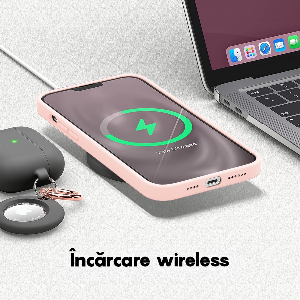Husa CASEY STUDIOS™ compatibila cu iPhone 13, Soft Silicone Premium, Microfibra in Interior, Pink Sand, de Protectie, Ultra Slim, pentru Incarcare Wireless, Margini Ridicate de Protectia Ecranului si a Camerelor
