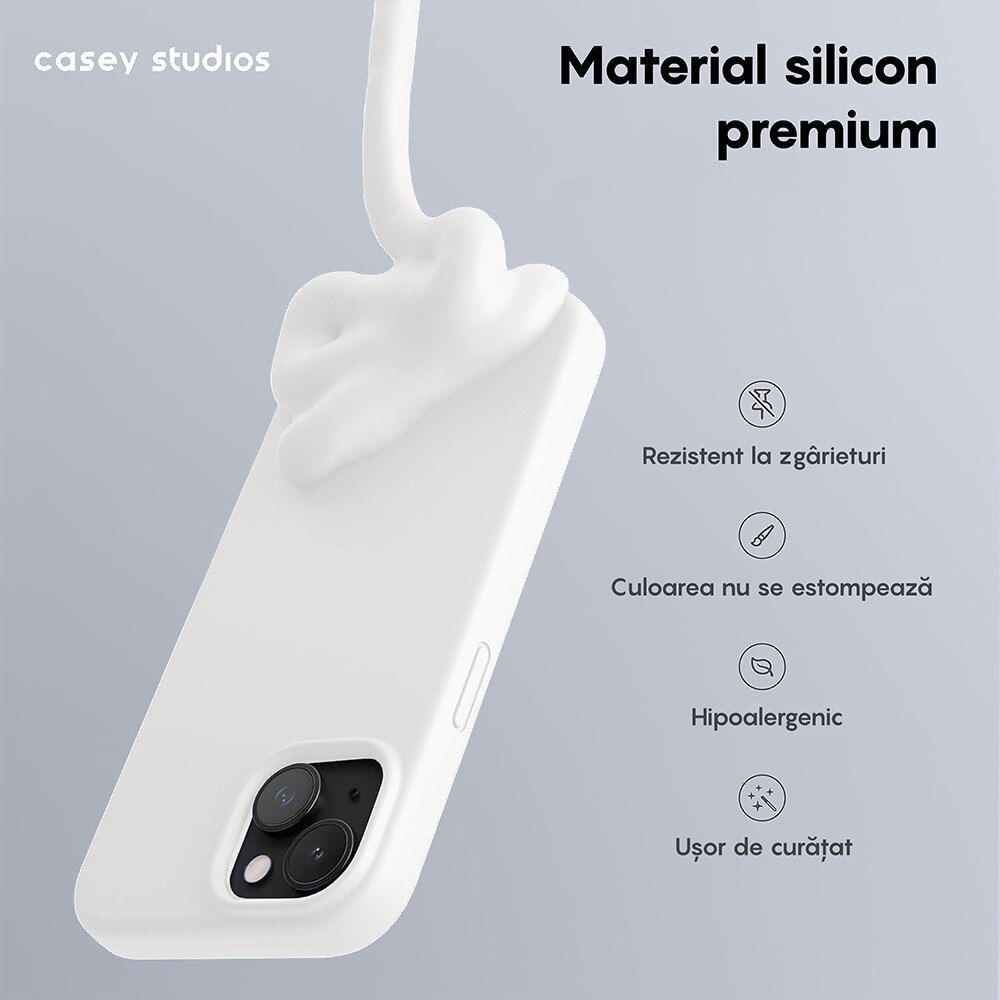 Husa CASEY STUDIOS™ pentru Apple iPhone 15 Plus, Soft Silicone Premium, Microfibra in Interior, Alb, de Protectie, Ultra Slim, pentru Incarcare Wireless, Margini Ridicate pentru Protectia Ecranului si a Camerelor